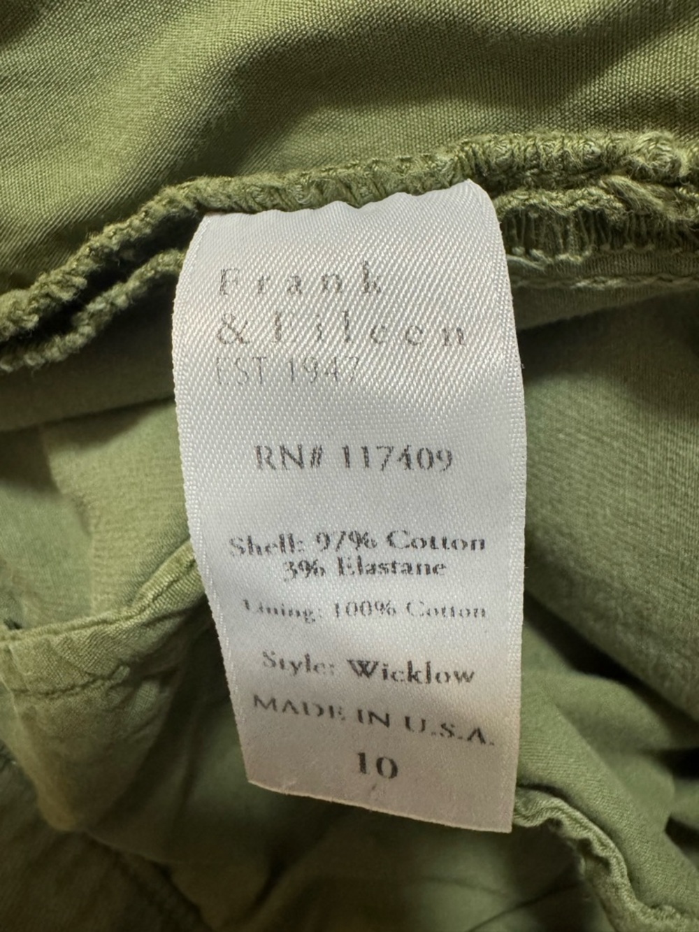 Frank & Eileen WICKLOW The Italian Chino Gree Size 10 - Picture 7 of 7